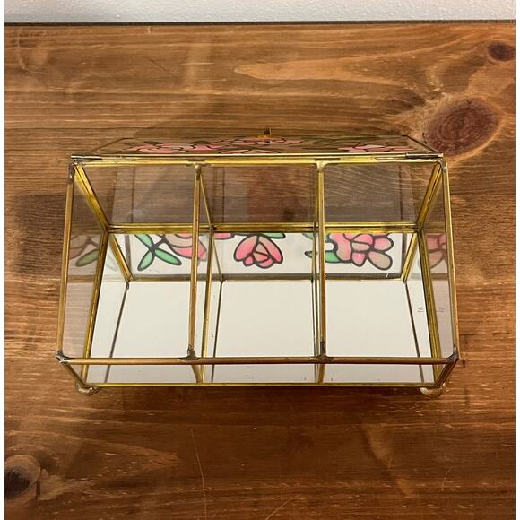Vintage Stained Glass Jewelry Trinket Box Pink Rose Floral Brass - Picture 8 of 11